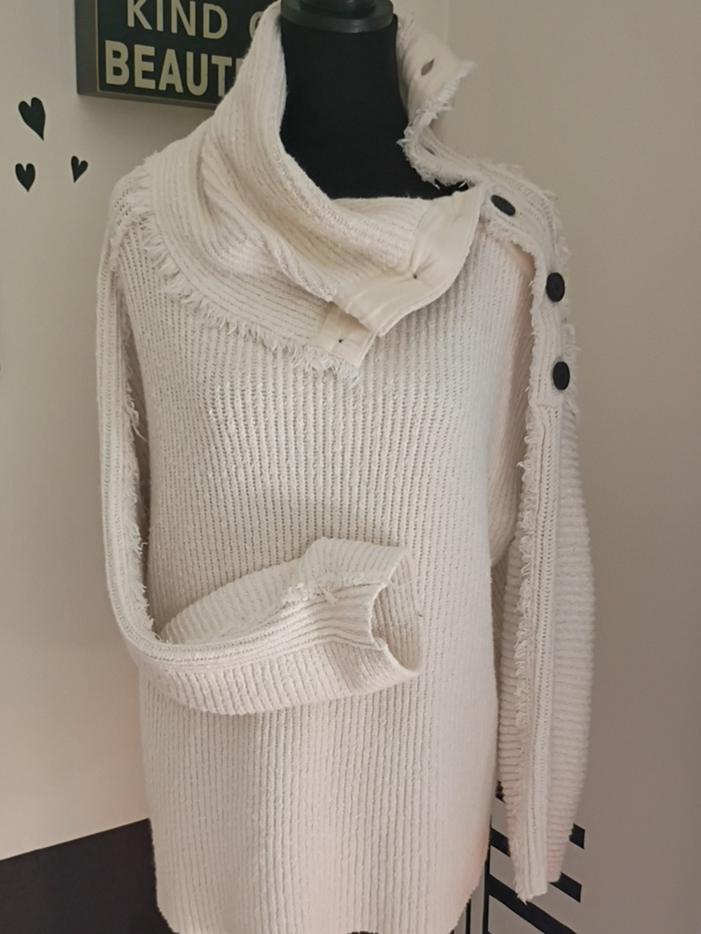 Free People Ivory Button-Trim Cowl Neck Sweater